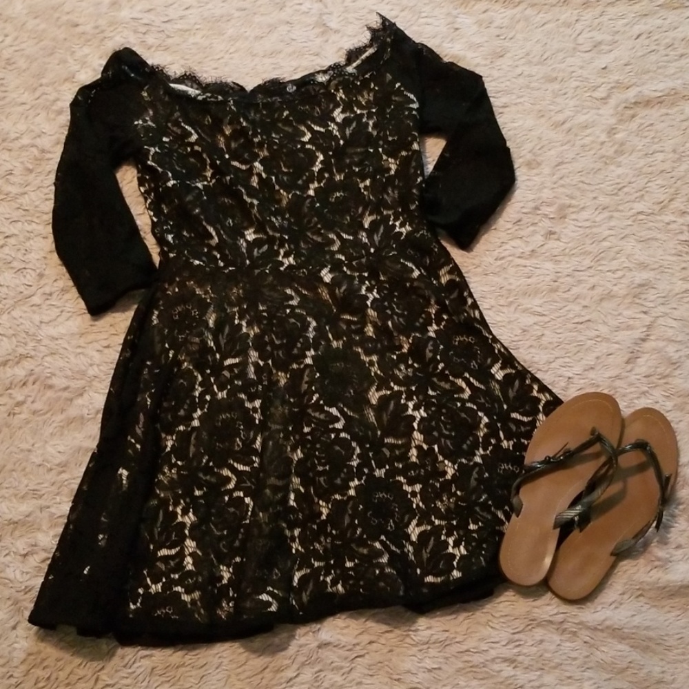 NWT! Lace off the shoulder black and tan dress.